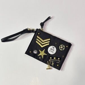 Steve Madden Black Wristlet Pouch Gold Stud Patch Embellished Zip Wallet